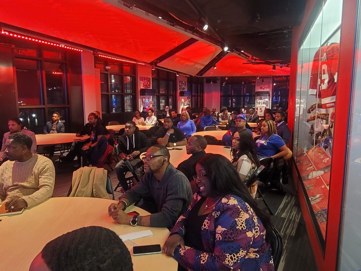 The red-lit club room at Little Caesars Arena during the Recession Proof Michigan inauguration, December 8, 2021.